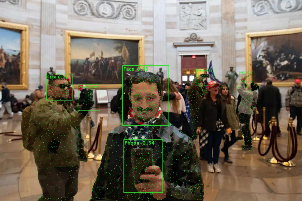 Automatic for the people, I was there! 002. Online photograph with object detection frames and raw polygon mesh, 2021